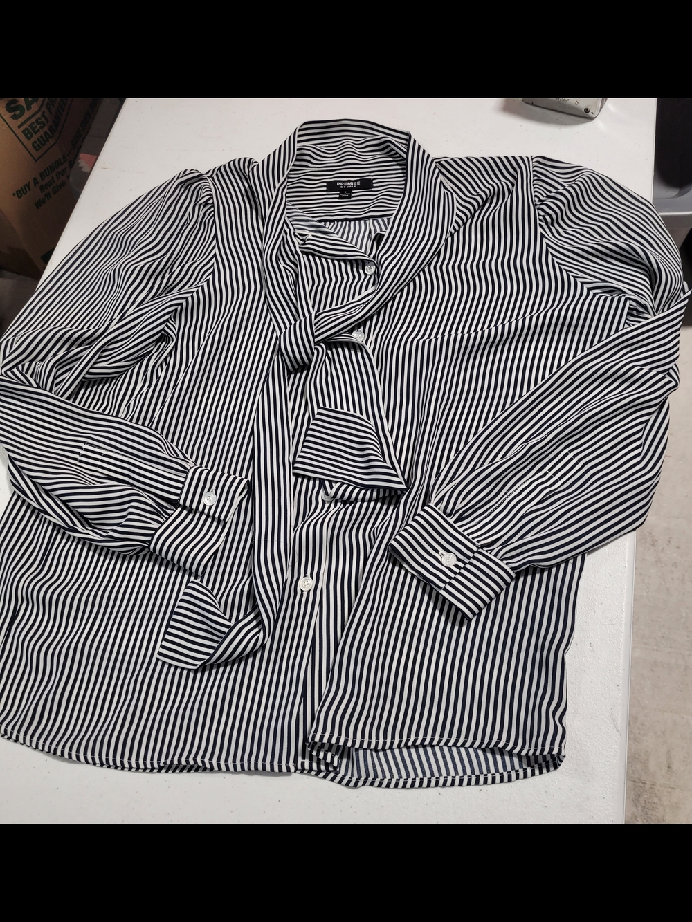 Premise Black & White Striped Tie-Neck Button-Down Blouse